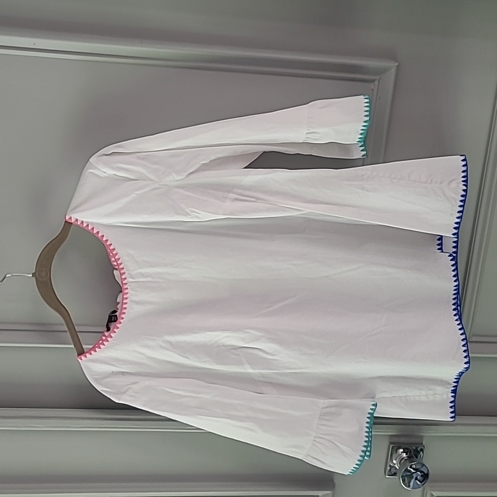 Talbots XL petite blouse with embroidered edges on sleeves, neckline and bottom.
